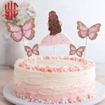 Pink Girl Butterfly Theme Paper Cake Topper 5 Pieces Set