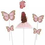 Pink Girl Butterfly Theme Paper Cake Topper 5 Pieces Set - Image 2